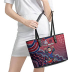 Personalized Melbourne Demons Football Mascot Leather Tote Bag Aboriginal Dot Art Style Vibrant Indigenous Pattern Design