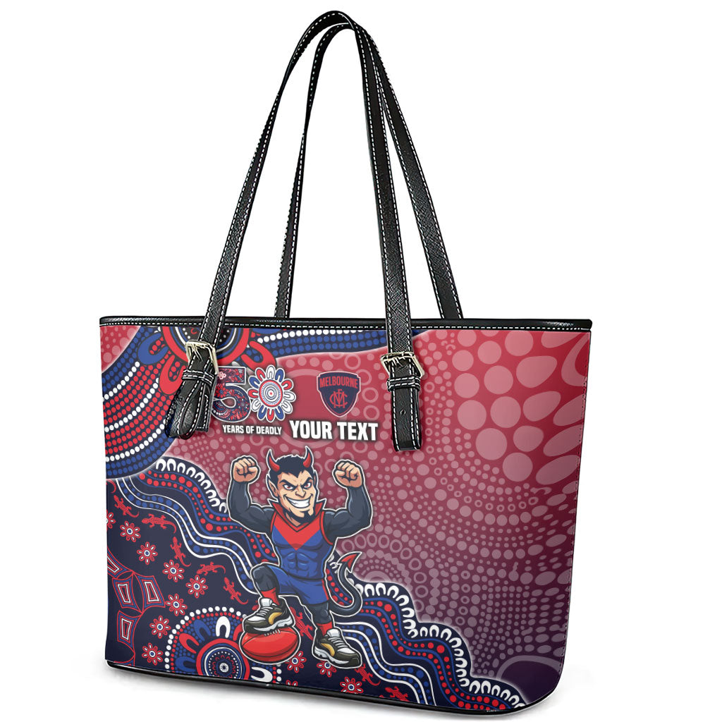 Personalized Melbourne Demons Football Mascot Leather Tote Bag Aboriginal Dot Art Style Vibrant Indigenous Pattern Design