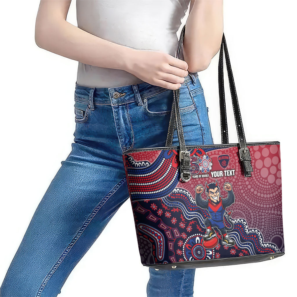 Personalized Melbourne Demons Football Mascot Leather Tote Bag Aboriginal Dot Art Style Vibrant Indigenous Pattern Design