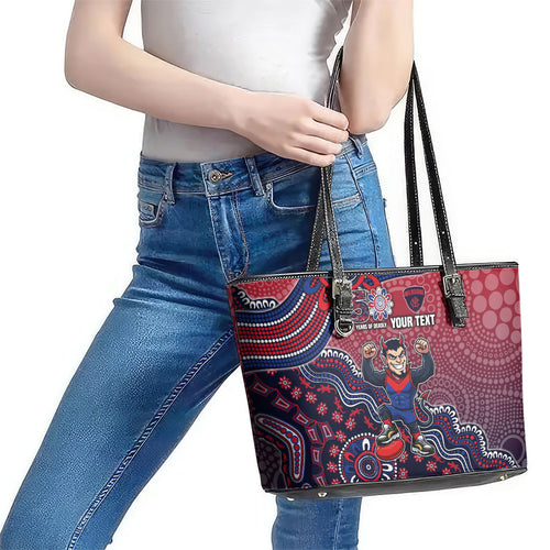Personalized Melbourne Demons Football Mascot Leather Tote Bag Aboriginal Dot Art Style Vibrant Indigenous Pattern Design