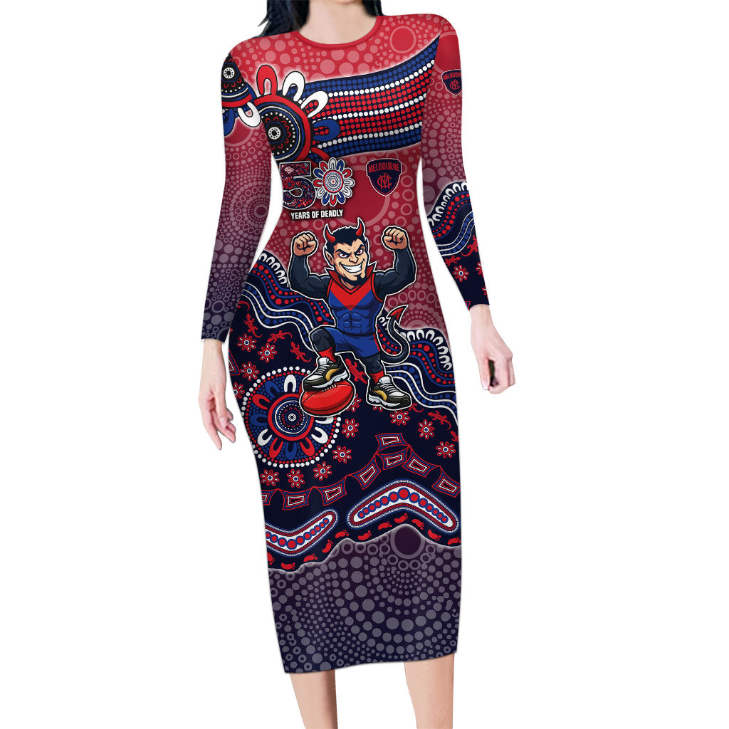 Personalized Melbourne Demons Football Mascot Long Sleeve Bodycon Dress Aboriginal Dot Art Style Vibrant Indigenous Pattern Design