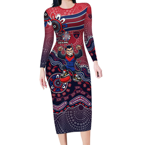 Personalized Melbourne Demons Football Mascot Long Sleeve Bodycon Dress Aboriginal Dot Art Style Vibrant Indigenous Pattern Design