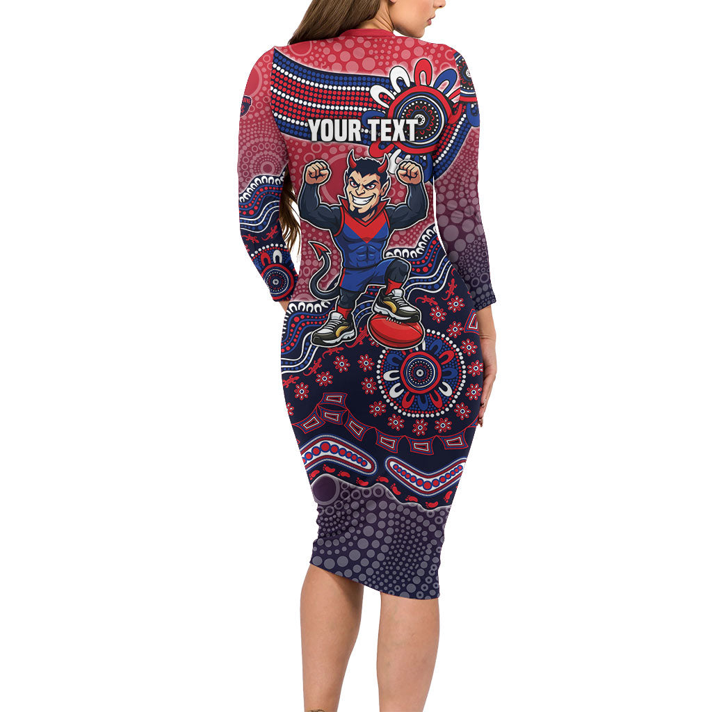 Personalized Melbourne Demons Football Mascot Long Sleeve Bodycon Dress Aboriginal Dot Art Style Vibrant Indigenous Pattern Design