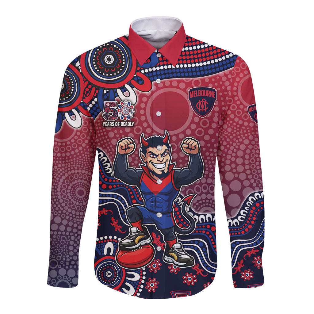 Personalized Melbourne Demons Football Mascot Long Sleeve Button Shirt Aboriginal Dot Art Style Vibrant Indigenous Pattern Design
