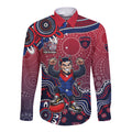 Personalized Melbourne Demons Football Mascot Long Sleeve Button Shirt Aboriginal Dot Art Style Vibrant Indigenous Pattern Design