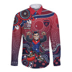 Personalized Melbourne Demons Football Mascot Long Sleeve Button Shirt Aboriginal Dot Art Style Vibrant Indigenous Pattern Design