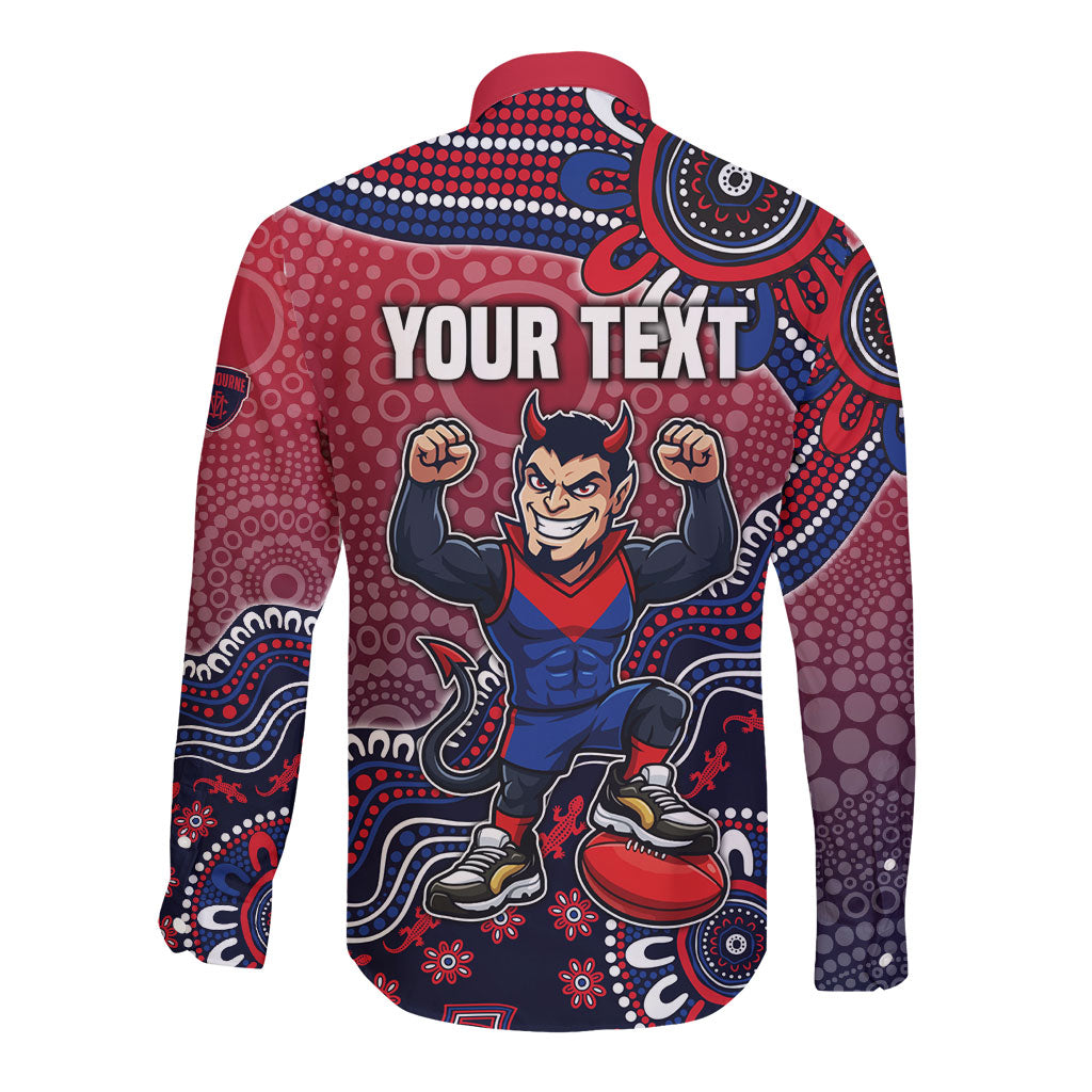 Personalized Melbourne Demons Football Mascot Long Sleeve Button Shirt Aboriginal Dot Art Style Vibrant Indigenous Pattern Design