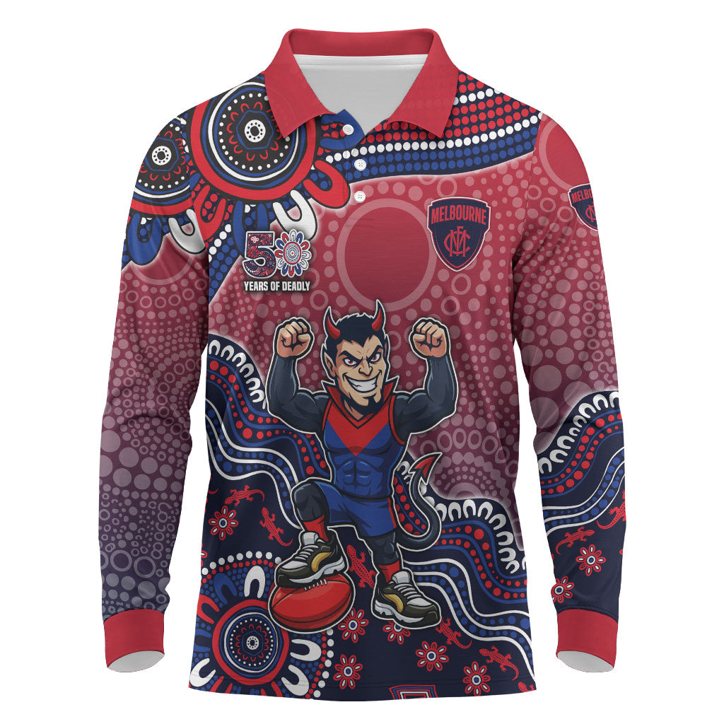 Personalized Melbourne Demons Football Mascot Long Sleeve Polo Shirt Aboriginal Dot Art Style Vibrant Indigenous Pattern Design