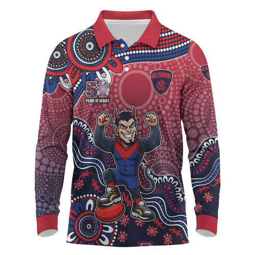 Personalized Melbourne Demons Football Mascot Long Sleeve Polo Shirt Aboriginal Dot Art Style Vibrant Indigenous Pattern Design