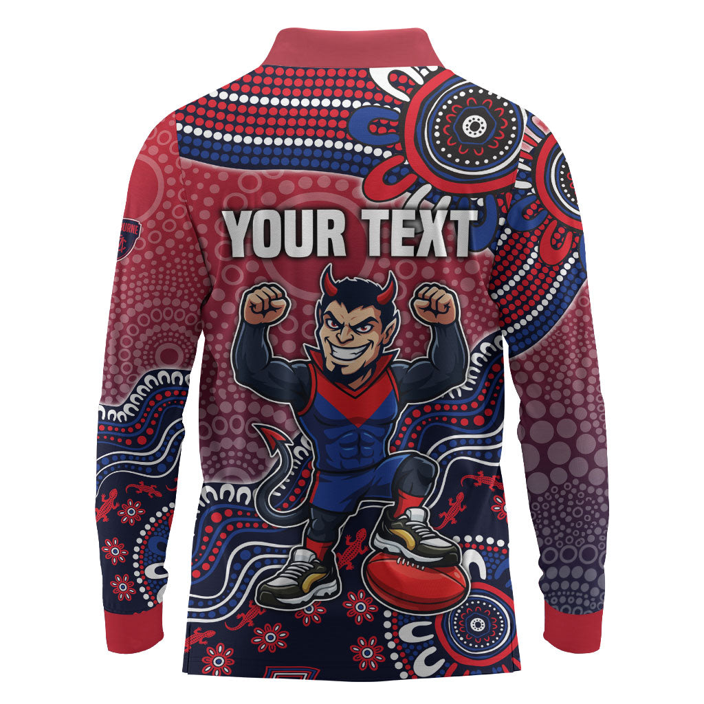 Personalized Melbourne Demons Football Mascot Long Sleeve Polo Shirt Aboriginal Dot Art Style Vibrant Indigenous Pattern Design
