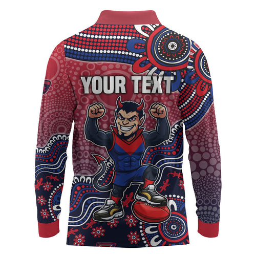 Personalized Melbourne Demons Football Mascot Long Sleeve Polo Shirt Aboriginal Dot Art Style Vibrant Indigenous Pattern Design