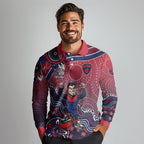 Personalized Melbourne Demons Football Mascot Long Sleeve Polo Shirt Aboriginal Dot Art Style Vibrant Indigenous Pattern Design
