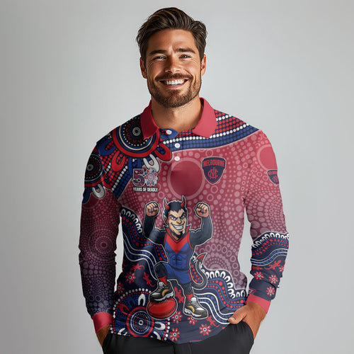 Personalized Melbourne Demons Football Mascot Long Sleeve Polo Shirt Aboriginal Dot Art Style Vibrant Indigenous Pattern Design