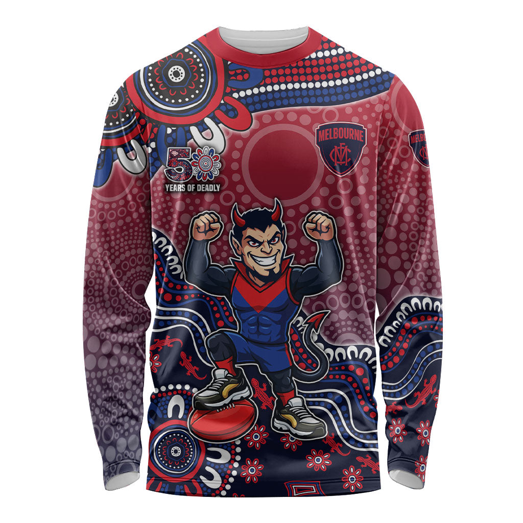 Personalized Melbourne Demons Football Mascot Long Sleeve Shirt Aboriginal Dot Art Style Vibrant Indigenous Pattern Design