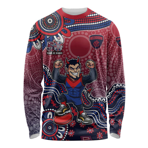Personalized Melbourne Demons Football Mascot Long Sleeve Shirt Aboriginal Dot Art Style Vibrant Indigenous Pattern Design