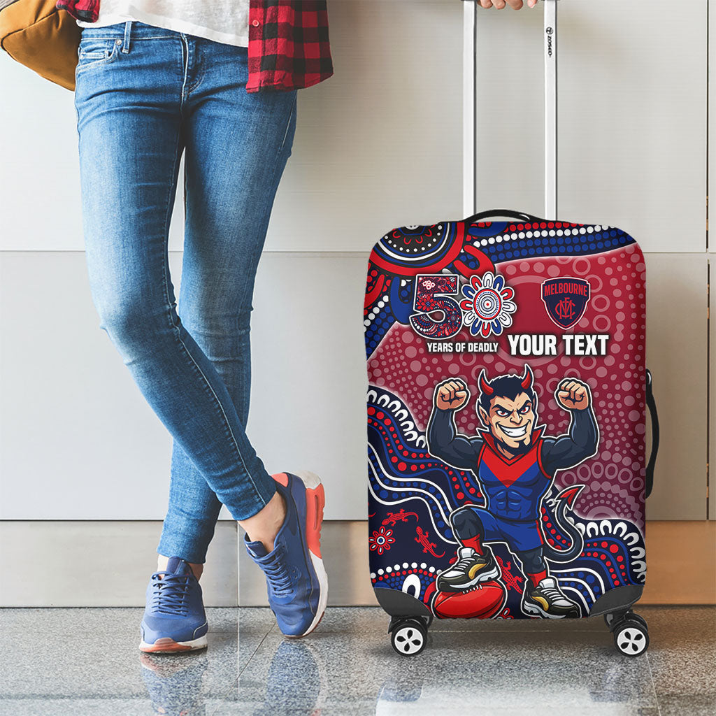 Personalized Melbourne Demons Football Mascot Luggage Cover Aboriginal Dot Art Style Vibrant Indigenous Pattern Design