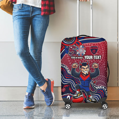 Personalized Melbourne Demons Football Mascot Luggage Cover Aboriginal Dot Art Style Vibrant Indigenous Pattern Design