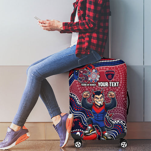 Personalized Melbourne Demons Football Mascot Luggage Cover Aboriginal Dot Art Style Vibrant Indigenous Pattern Design