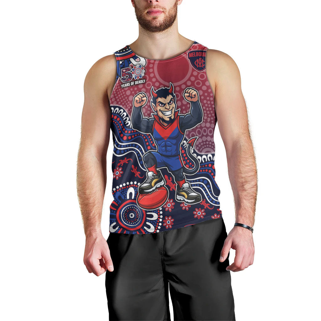 Personalized Melbourne Demons Football Mascot Men Tank Top Aboriginal Dot Art Style Vibrant Indigenous Pattern Design