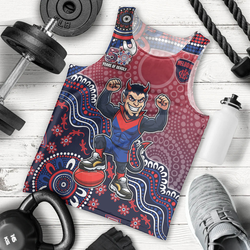 Personalized Melbourne Demons Football Mascot Men Tank Top Aboriginal Dot Art Style Vibrant Indigenous Pattern Design