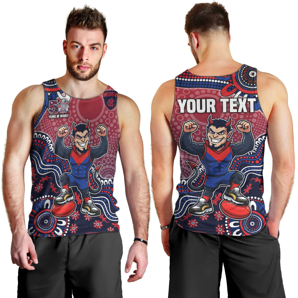 Personalized Melbourne Demons Football Mascot Men Tank Top Aboriginal Dot Art Style Vibrant Indigenous Pattern Design