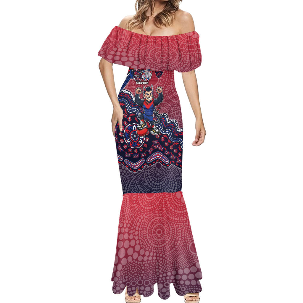 Personalized Melbourne Demons Football Mascot Mermaid Dress Aboriginal Dot Art Style Vibrant Indigenous Pattern Design