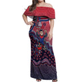 Personalized Melbourne Demons Football Mascot Off Shoulder Maxi Dress Aboriginal Dot Art Style Vibrant Indigenous Pattern Design