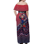 Personalized Melbourne Demons Football Mascot Off Shoulder Maxi Dress Aboriginal Dot Art Style Vibrant Indigenous Pattern Design