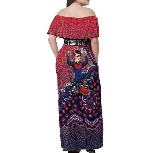 Personalized Melbourne Demons Football Mascot Off Shoulder Maxi Dress Aboriginal Dot Art Style Vibrant Indigenous Pattern Design