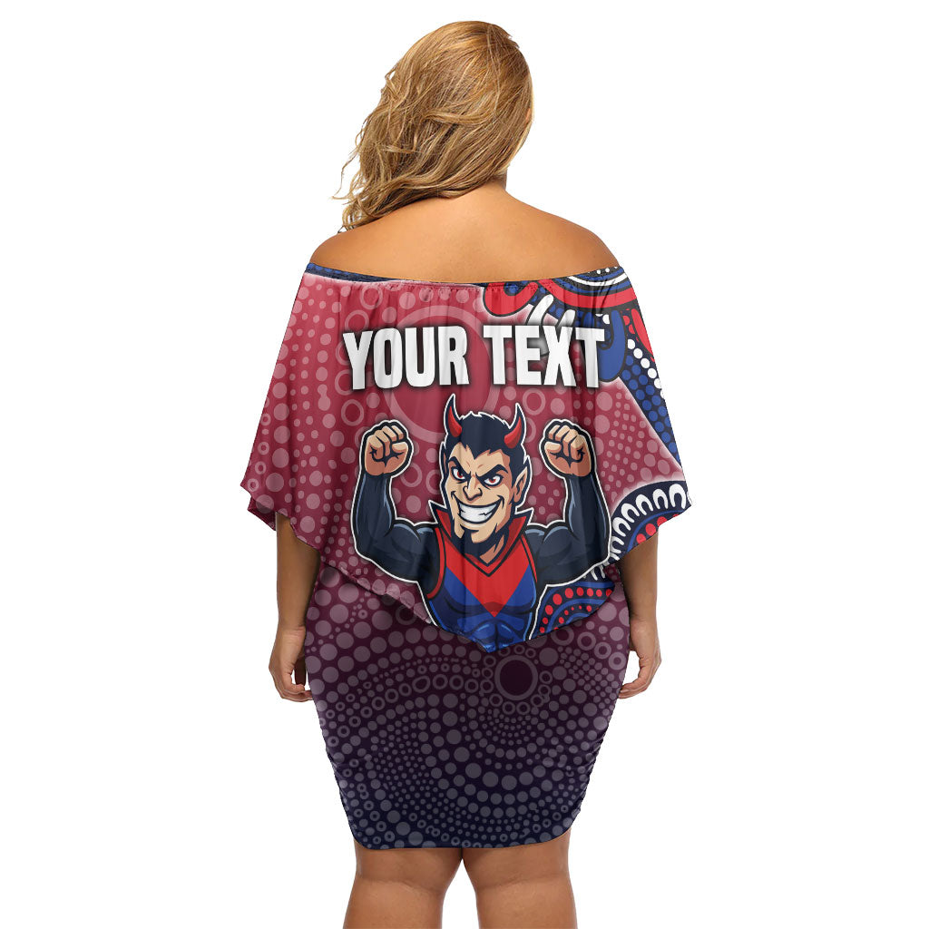 Personalized Melbourne Demons Football Mascot Off Shoulder Short Dress Aboriginal Dot Art Style Vibrant Indigenous Pattern Design