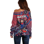 Personalized Melbourne Demons Football Mascot Off Shoulder Sweater Aboriginal Dot Art Style Vibrant Indigenous Pattern Design