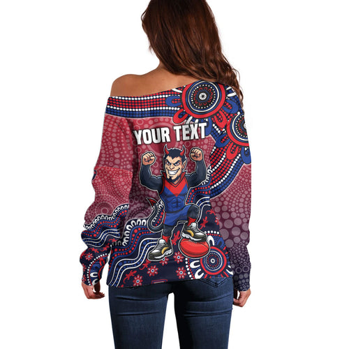 Personalized Melbourne Demons Football Mascot Off Shoulder Sweater Aboriginal Dot Art Style Vibrant Indigenous Pattern Design