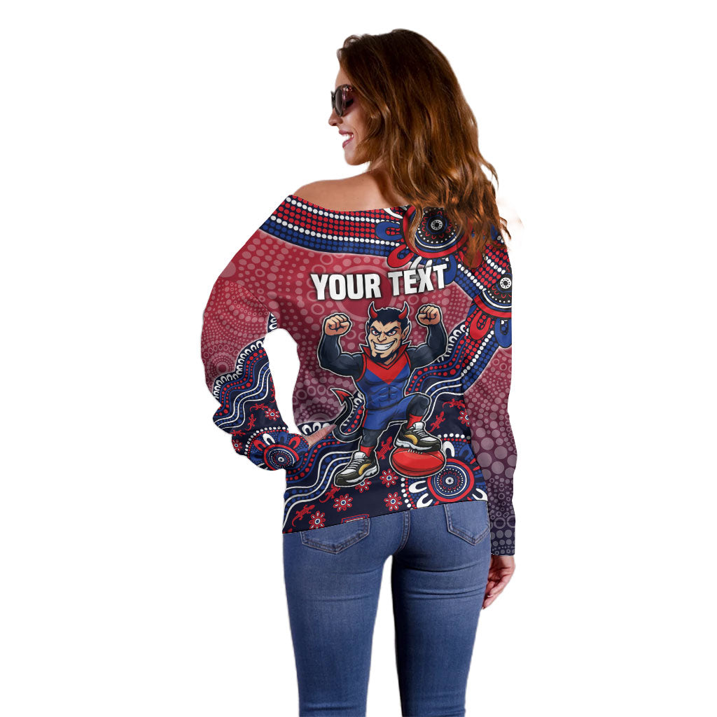 Personalized Melbourne Demons Football Mascot Off Shoulder Sweater Aboriginal Dot Art Style Vibrant Indigenous Pattern Design