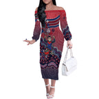 Personalized Melbourne Demons Football Mascot Off The Shoulder Long Sleeve Dress Aboriginal Dot Art Style Vibrant Indigenous Pattern Design
