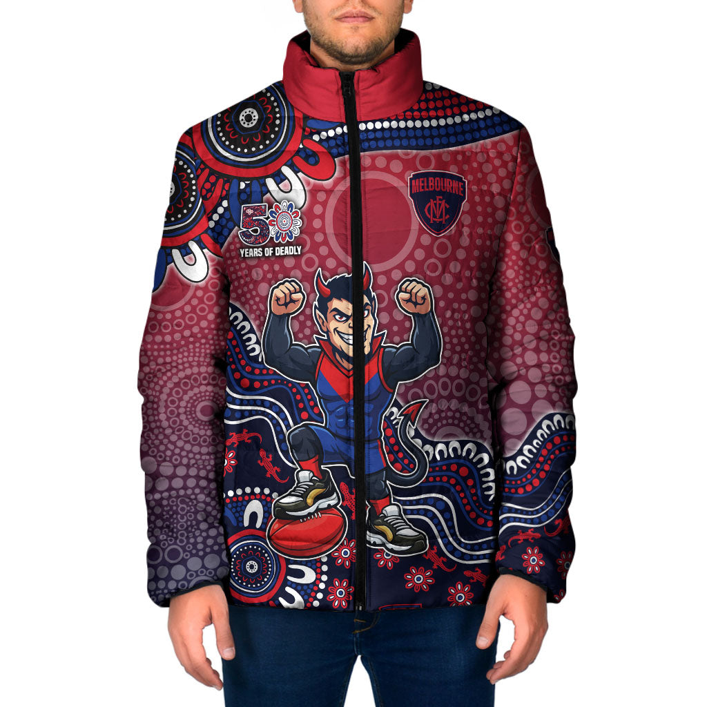 Personalized Melbourne Demons Football Mascot Padded Jacket Aboriginal Dot Art Style Vibrant Indigenous Pattern Design