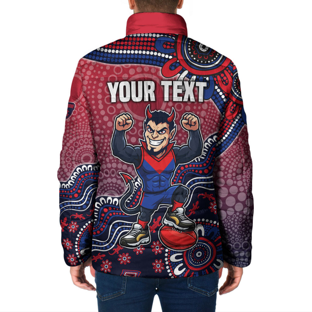 Personalized Melbourne Demons Football Mascot Padded Jacket Aboriginal Dot Art Style Vibrant Indigenous Pattern Design