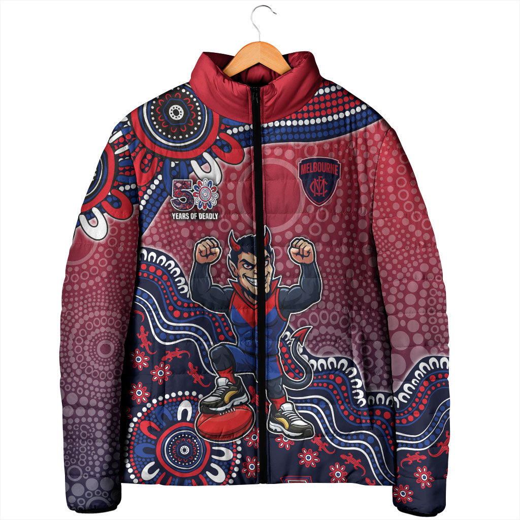 Personalized Melbourne Demons Football Mascot Padded Jacket Aboriginal Dot Art Style Vibrant Indigenous Pattern Design