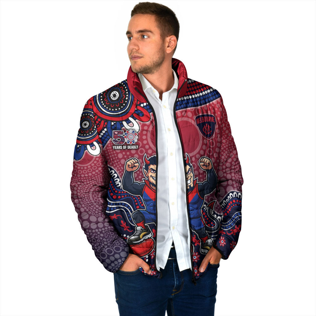 Personalized Melbourne Demons Football Mascot Padded Jacket Aboriginal Dot Art Style Vibrant Indigenous Pattern Design