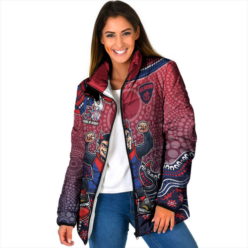 Personalized Melbourne Demons Football Mascot Padded Jacket Aboriginal Dot Art Style Vibrant Indigenous Pattern Design