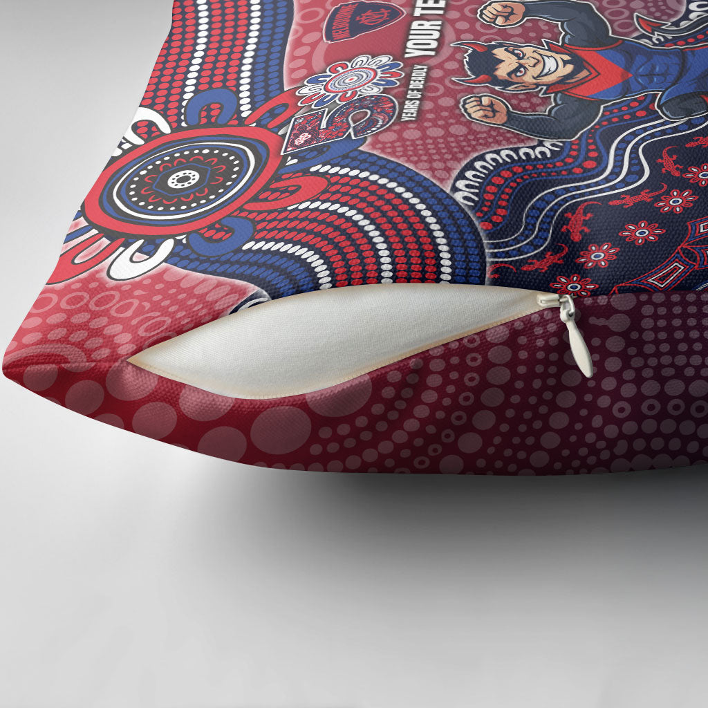 Personalized Melbourne Demons Football Mascot Pillow Cover Aboriginal Dot Art Style Vibrant Indigenous Pattern Design
