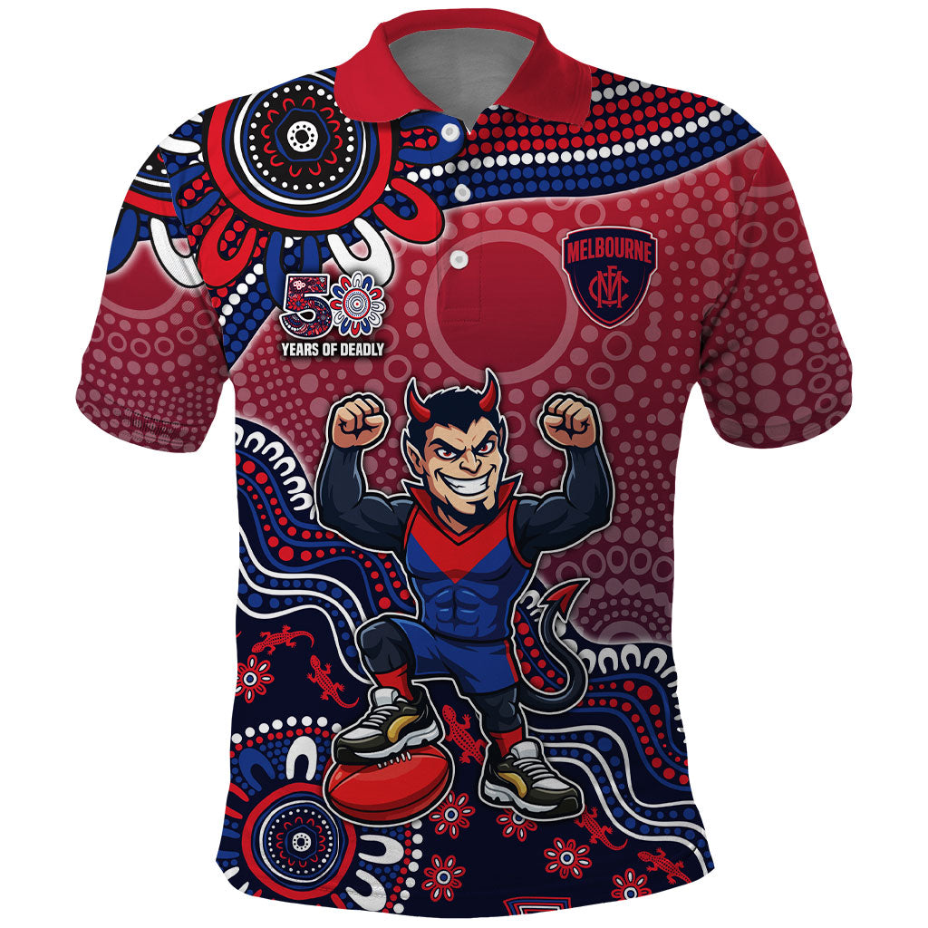 Personalized Melbourne Demons Football Mascot Polo Shirt Aboriginal Dot Art Style Vibrant Indigenous Pattern Design
