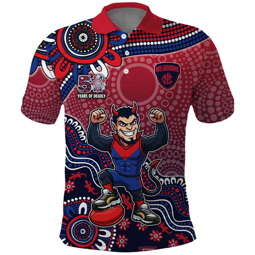 Personalized Melbourne Demons Football Mascot Polo Shirt Aboriginal Dot Art Style Vibrant Indigenous Pattern Design