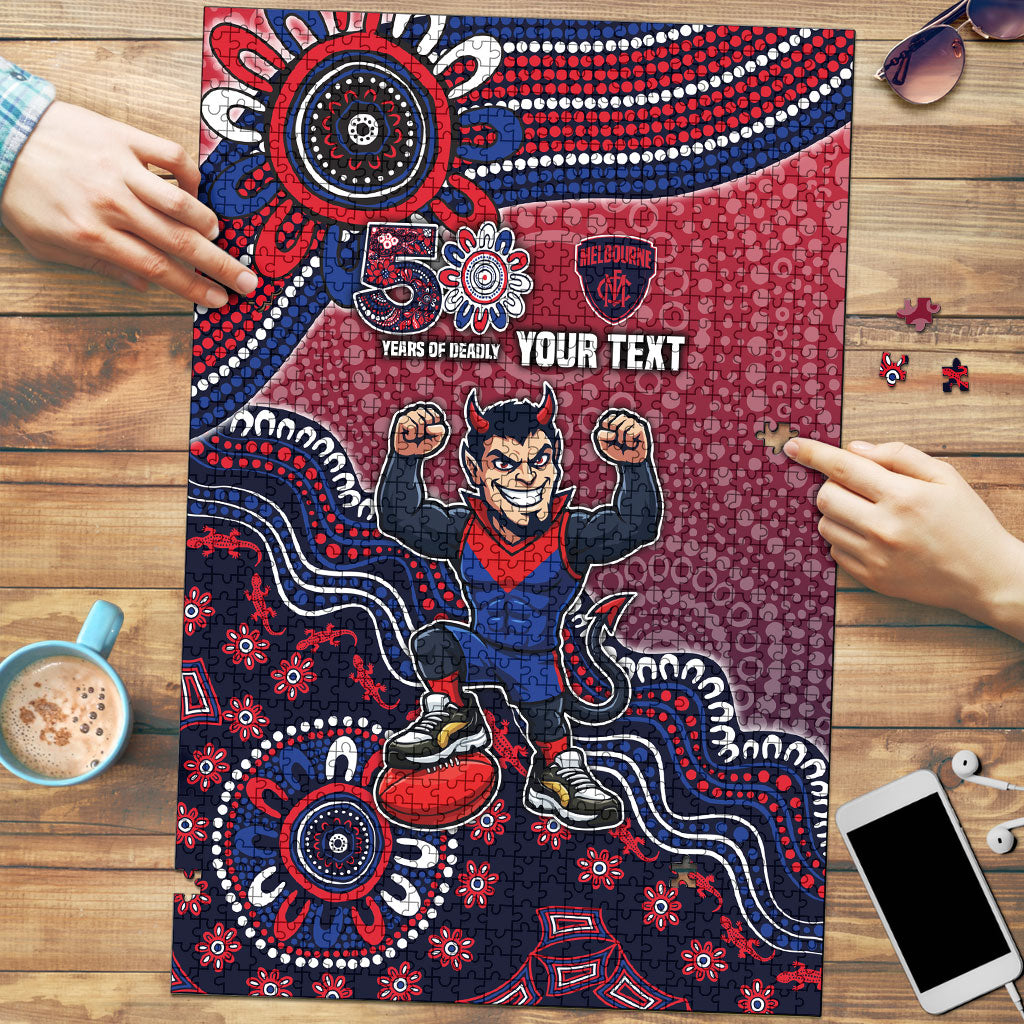 Personalized Melbourne Demons Football Mascot Puzzle Aboriginal Dot Art Style Vibrant Indigenous Pattern Design