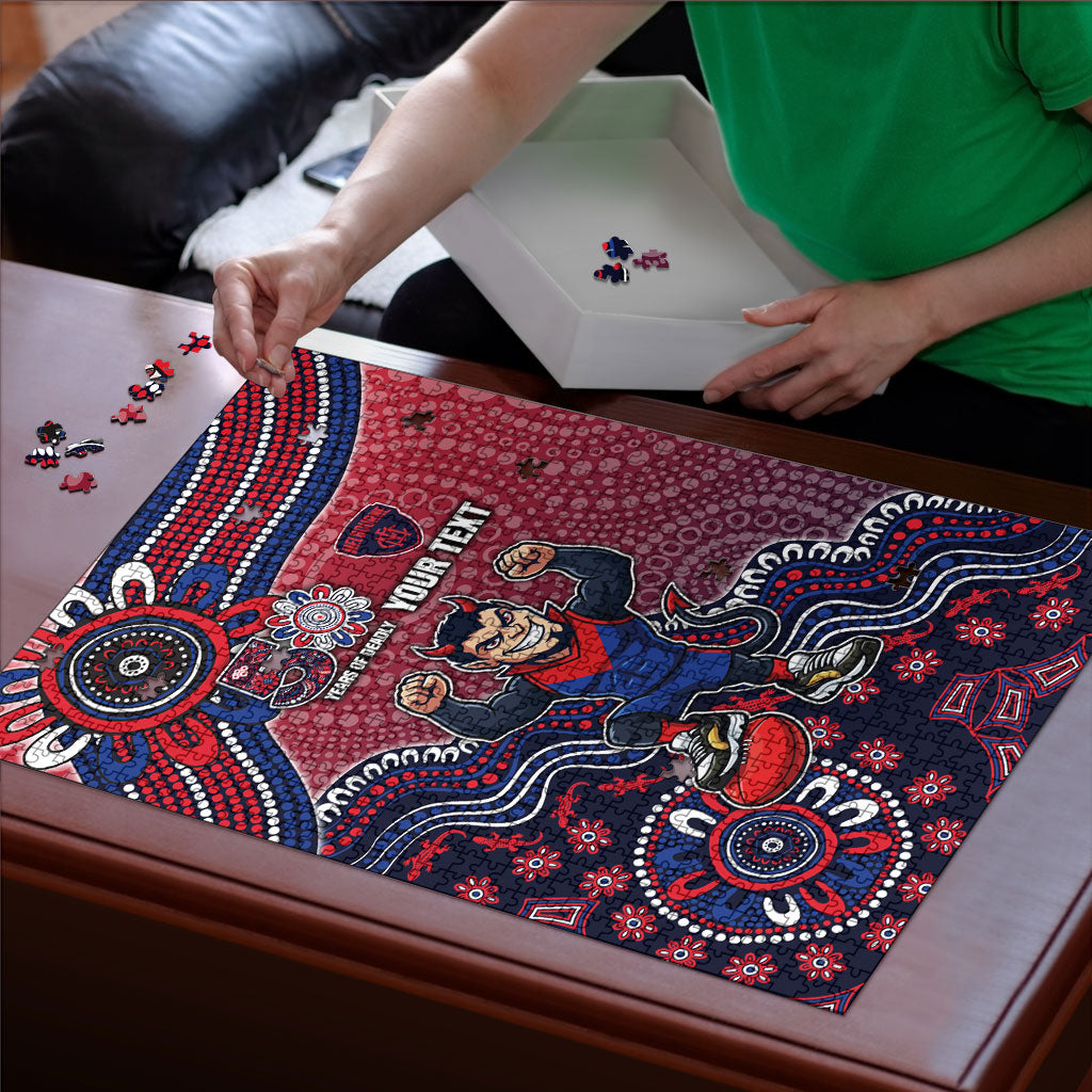 Personalized Melbourne Demons Football Mascot Puzzle Aboriginal Dot Art Style Vibrant Indigenous Pattern Design