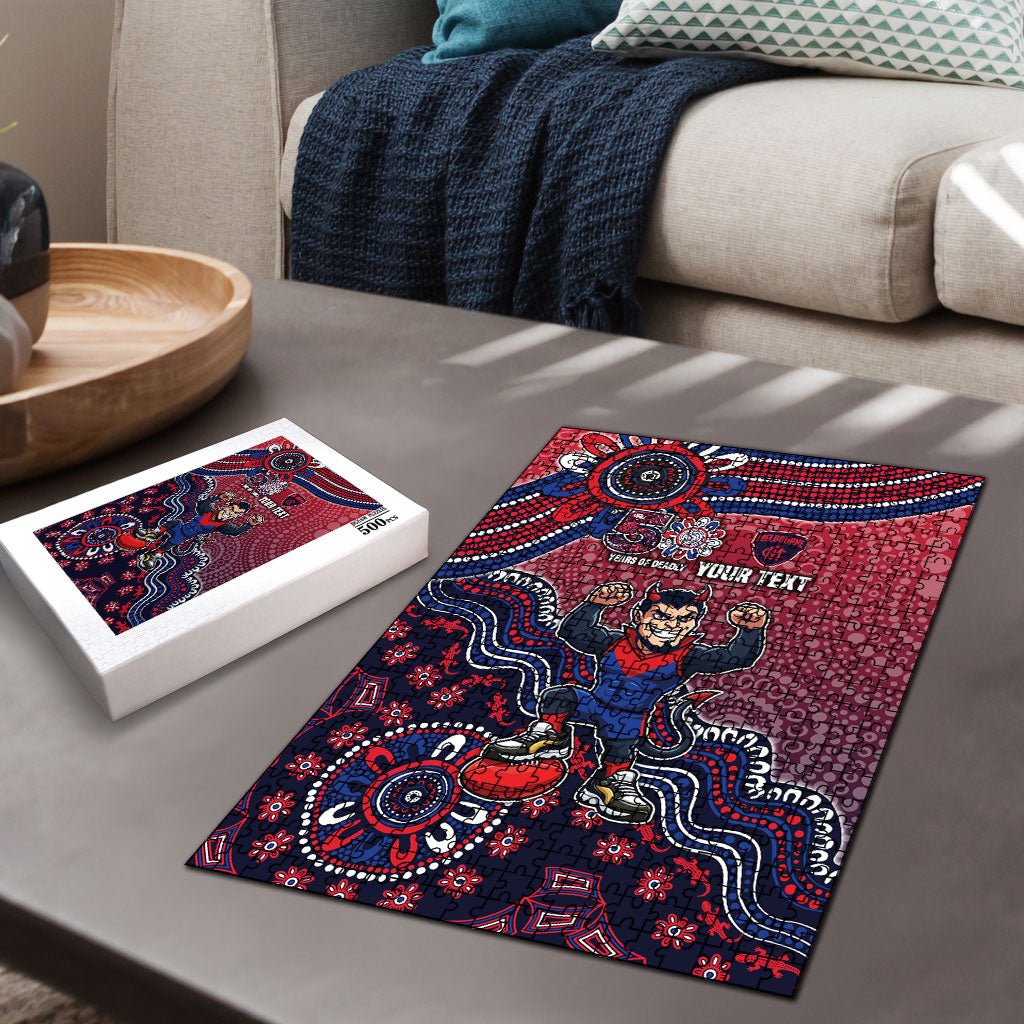 Personalized Melbourne Demons Football Mascot Puzzle Aboriginal Dot Art Style Vibrant Indigenous Pattern Design