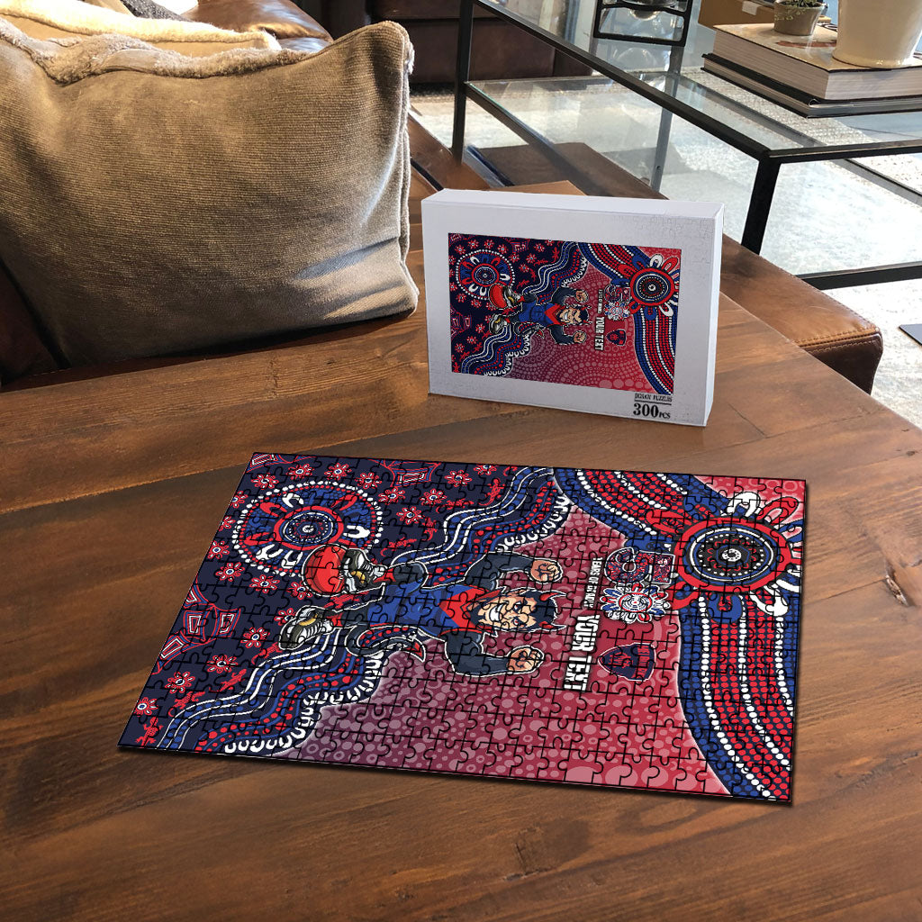 Personalized Melbourne Demons Football Mascot Puzzle Aboriginal Dot Art Style Vibrant Indigenous Pattern Design