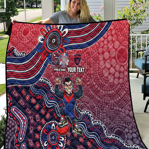 Personalized Melbourne Demons Football Mascot Quilt Aboriginal Dot Art Style Vibrant Indigenous Pattern Design