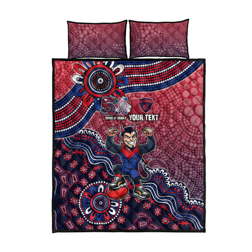 Personalized Melbourne Demons Football Mascot Quilt Bed Set Aboriginal Dot Art Style Vibrant Indigenous Pattern Design