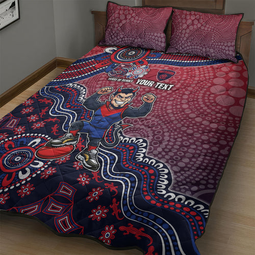 Personalized Melbourne Demons Football Mascot Quilt Bed Set Aboriginal Dot Art Style Vibrant Indigenous Pattern Design