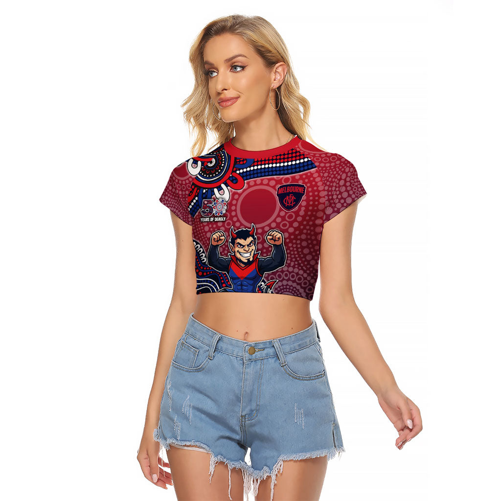Personalized Melbourne Demons Football Mascot Raglan Cropped T Shirt Aboriginal Dot Art Style Vibrant Indigenous Pattern Design